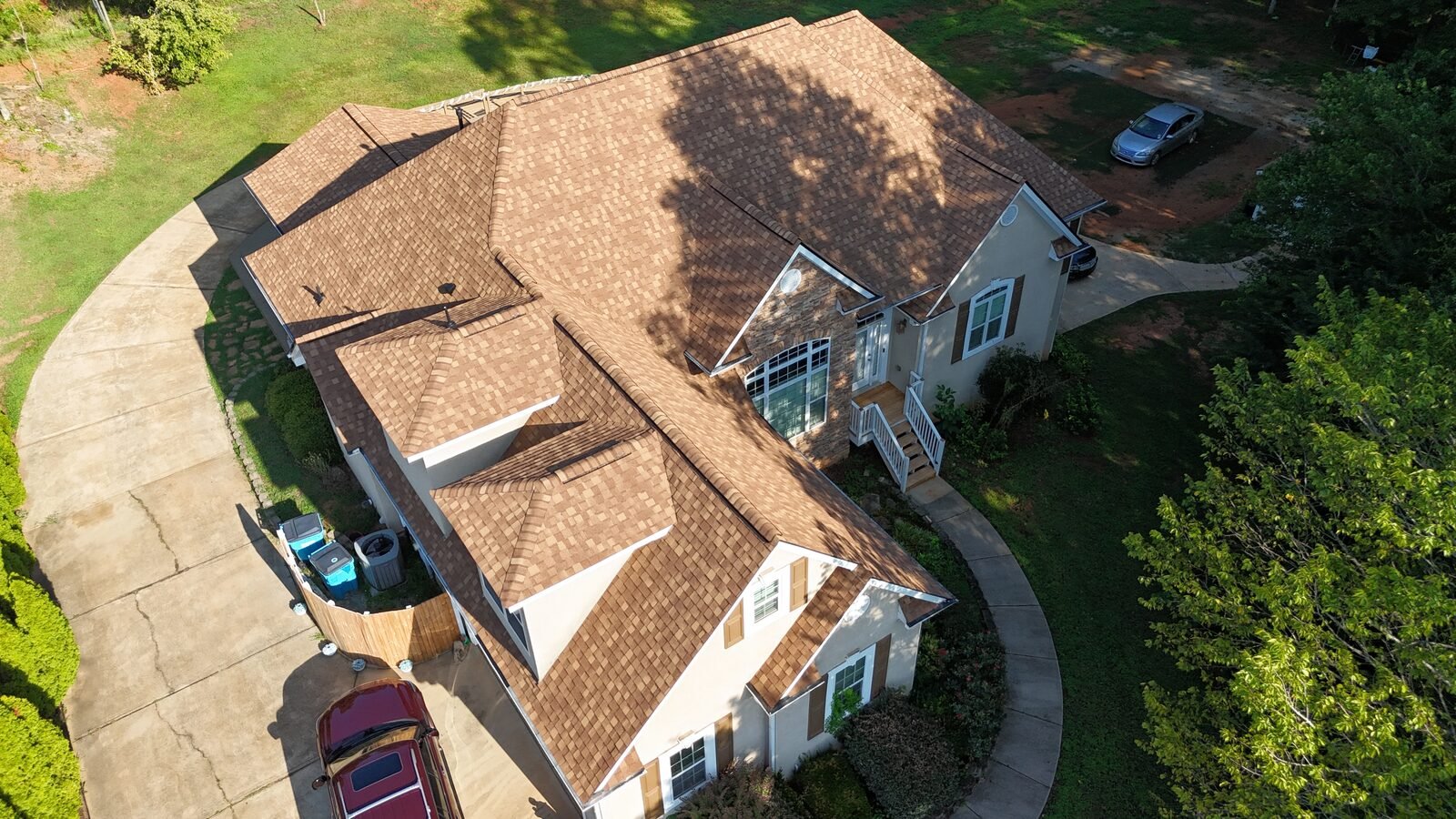 Finished roof replacement, front drone view, Middle Georgia
