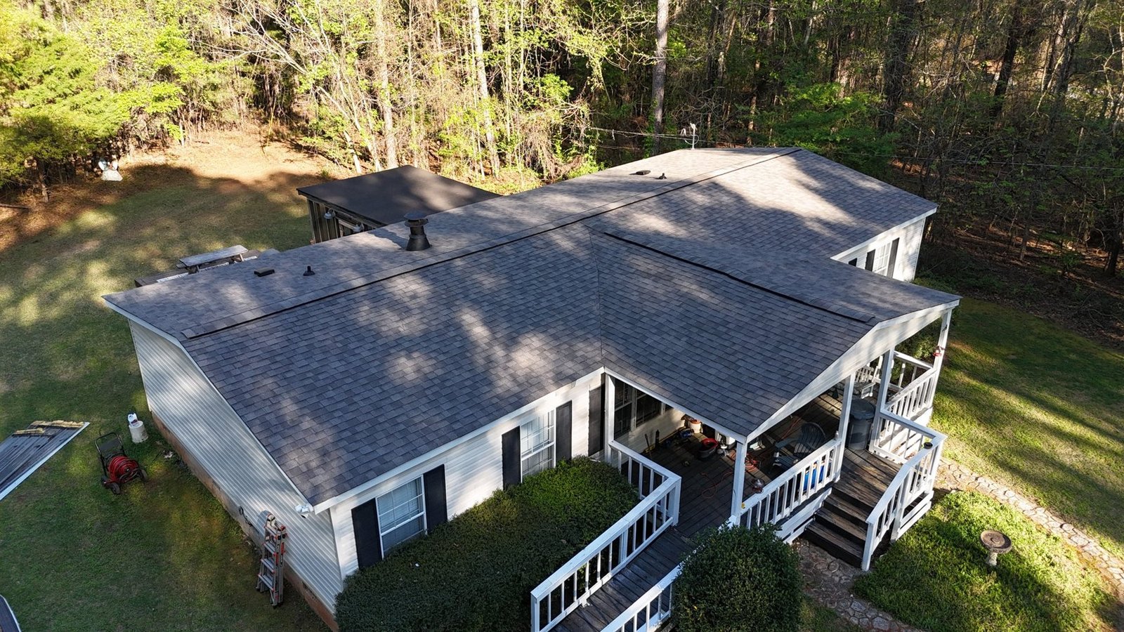 Finished architectural shingle roof replacement, drone view, Middle Georgia