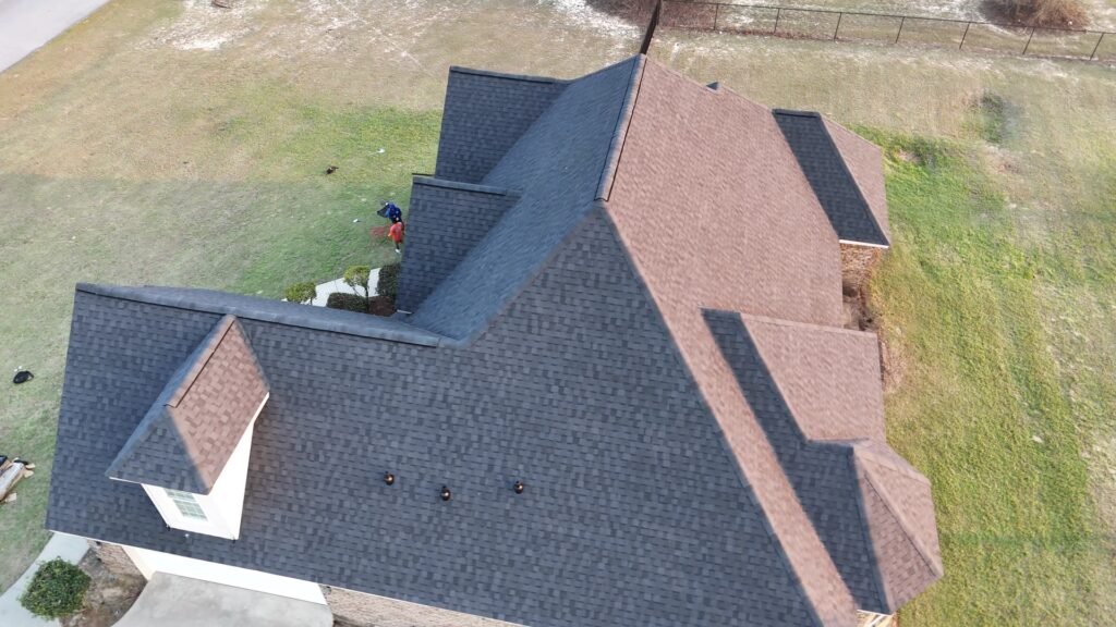 Aerial view of a finished architectural shingle roof