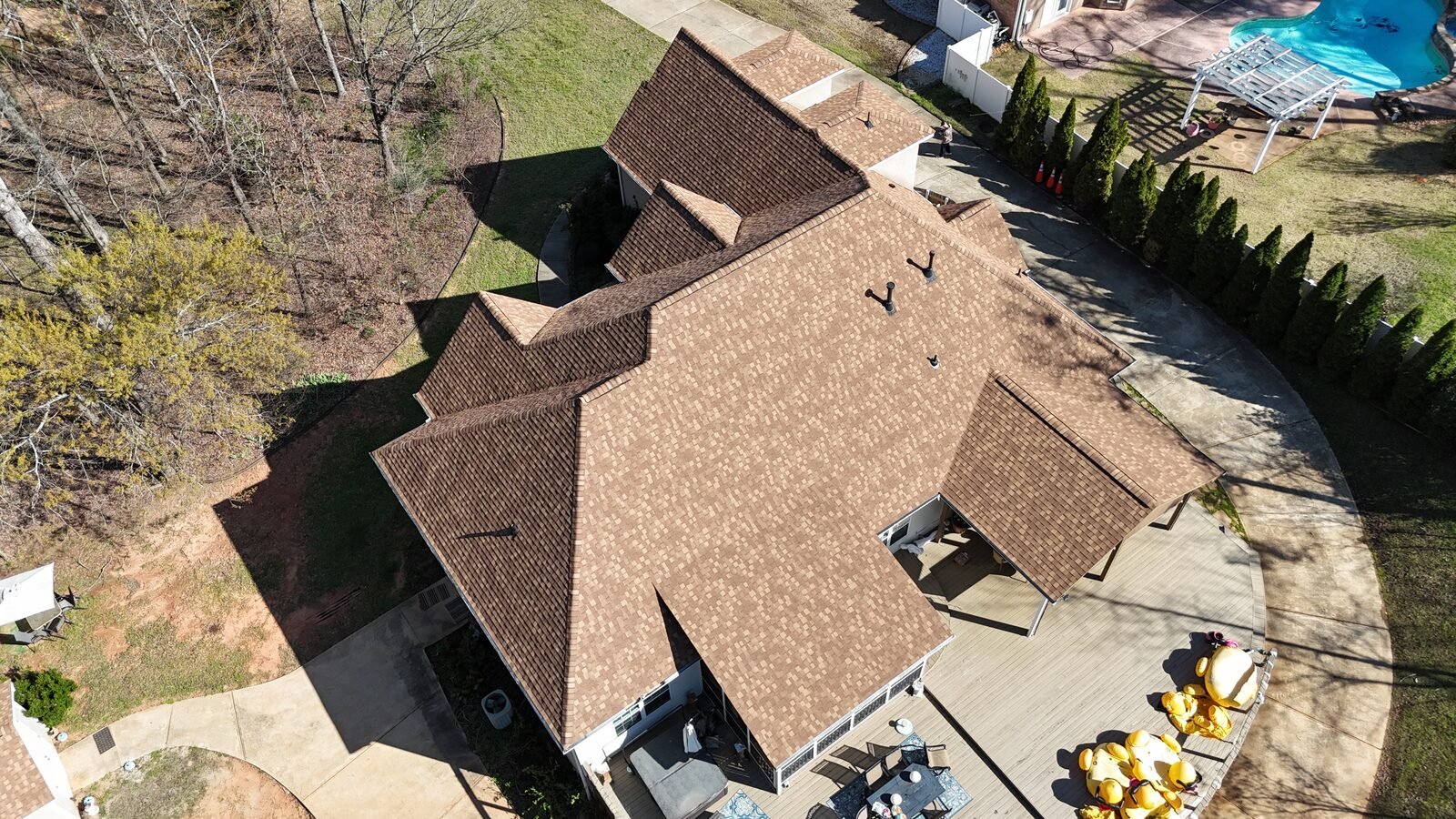 Top-down drone photo of a roof inspection in Middle Georgia