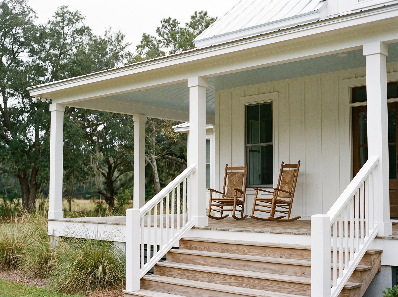 Example of a covered front porch with white columns and wood steps