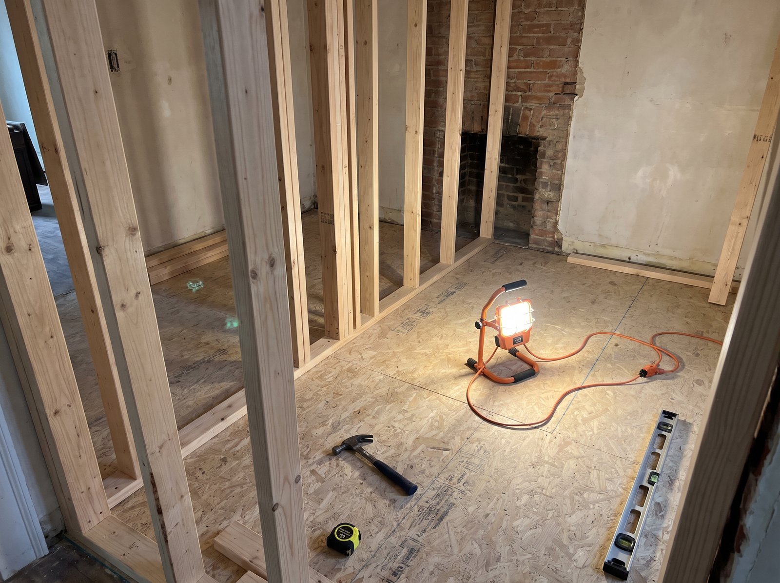 Example of new wood framing for an interior wall during a remodel