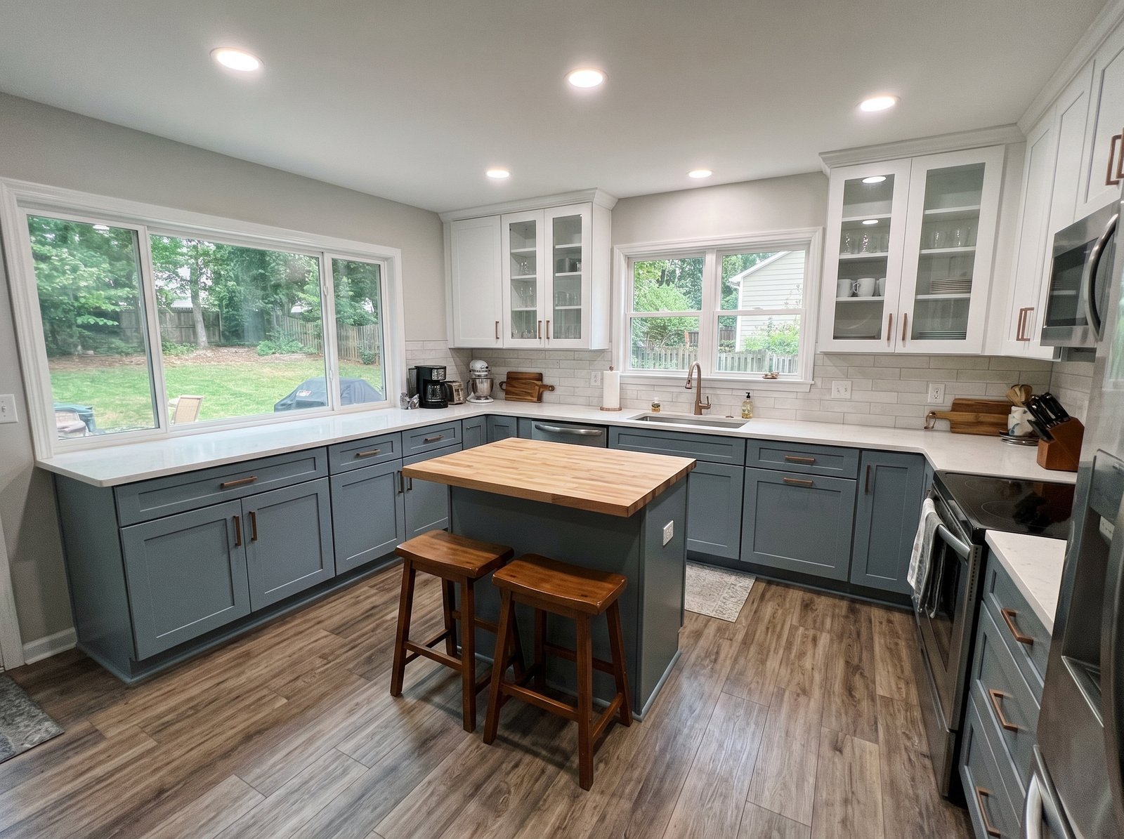 Example of a kitchen with a small island and wood-look vinyl plank floors
