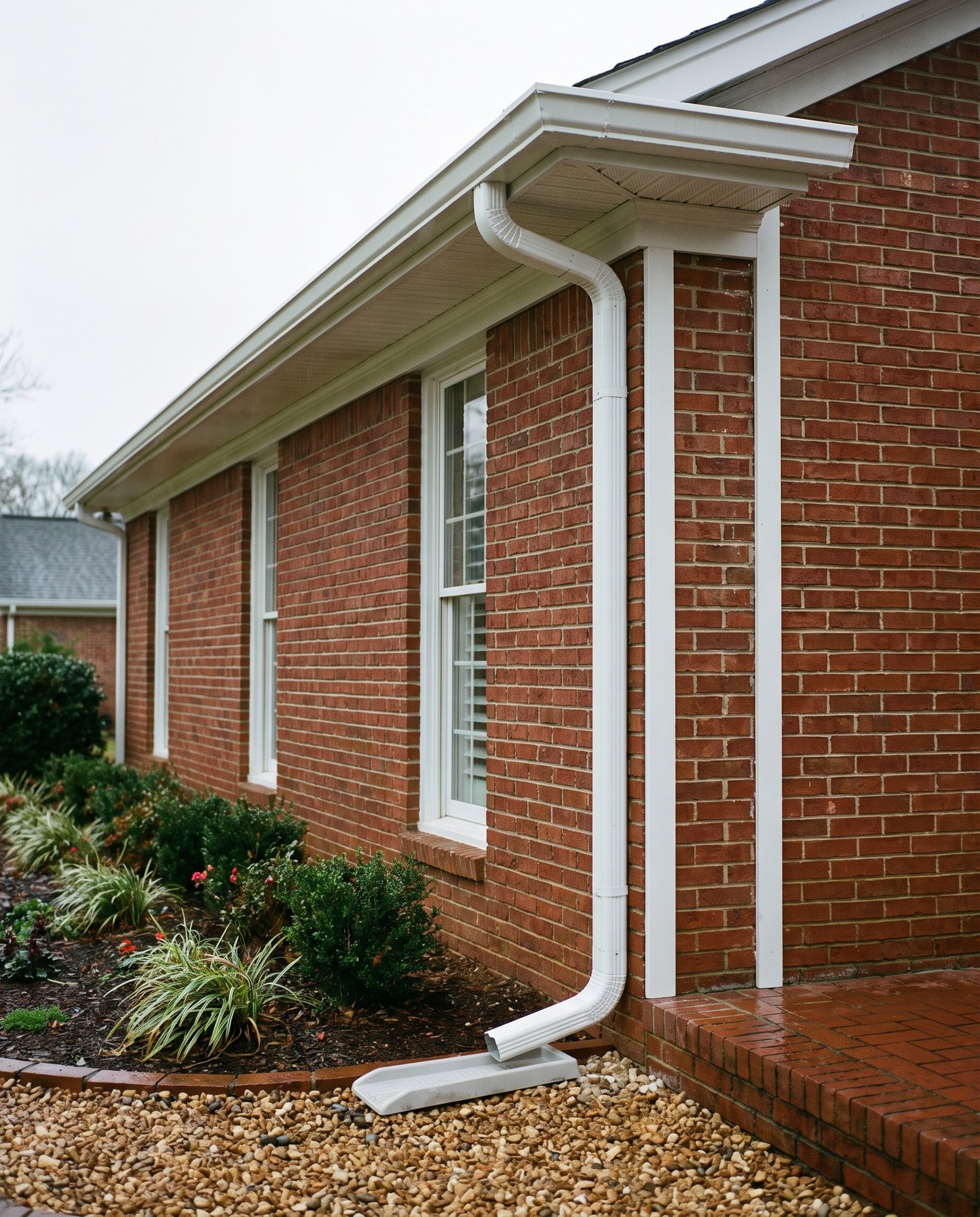 Example of a seamless gutter and downspout on a brick home