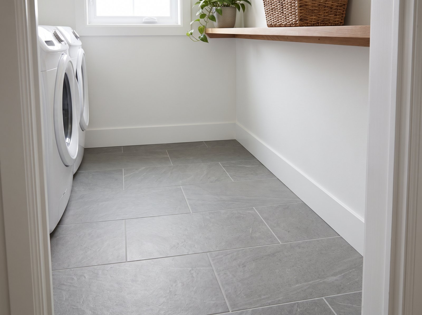 Example of a new porcelain tile floor in a laundry room
